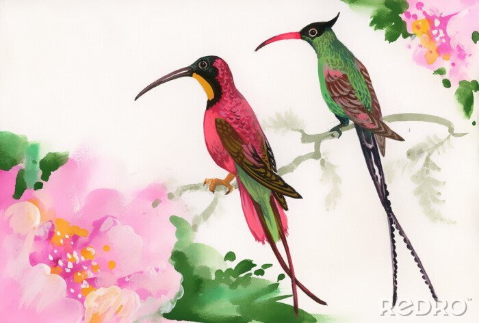 Fotobehang Twee vogels bij roze bloemen