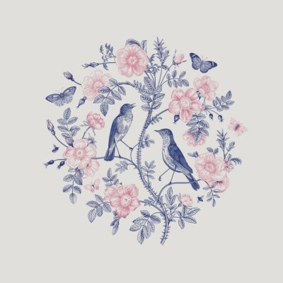 Sticker Twee vogels en een rozentak