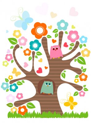 Fotobehang Uilen op een kleurrijke boom