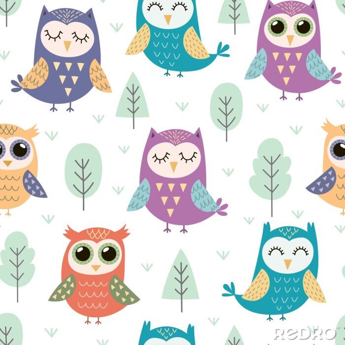 Fotobehang Uilen voor kinderen met bomen en planten