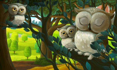 Fotobehang Uilen zitten op een tak als in een tekenfilm