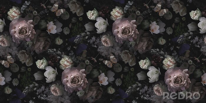 Fotobehang Uitstekende bloemen op een zwarte achtergrond