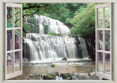 Fotobehang Uitzicht op de waterval buiten het raam
