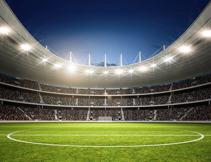 Fotobehang Uitzicht op het verlichte stadion in de avond