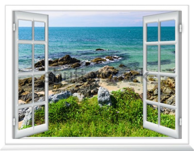 Fotobehang Uitzicht op zee vanuit een raam op een eiland op een zonnige zomerdag