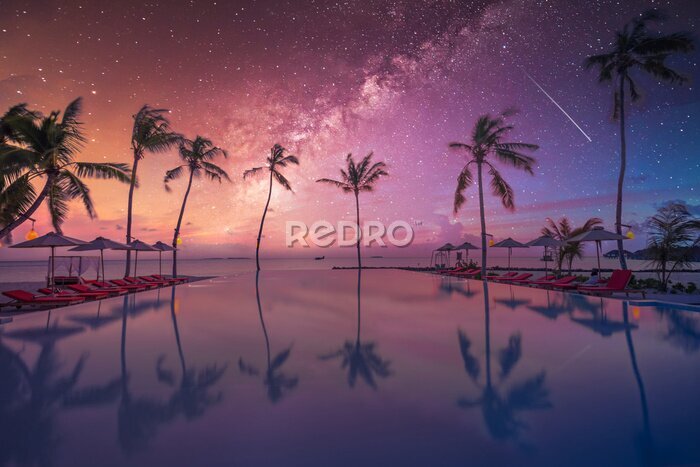 Fotobehang Vallende ster aan de hemel tussen de palmbomen