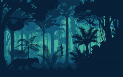 Vector avond tropisch regenwoud Jungle achtergrond met jaguar, luiaard, aap en qetzal