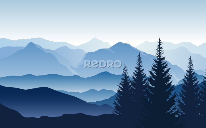 Fotobehang Vector blauw landschap met silhouetten van mistige bergen en heuvels en bomen