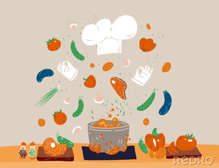 Fotobehang Vector cartoon cute concept of Professional Cooking for small restaurants and home cook. White Hat and gloves with vegetables, meat - ingredients for soup - cook vector concept.