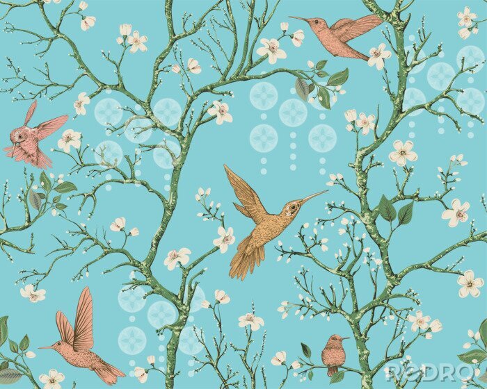 Fotobehang Vector colorful pattern with birds and flowers. Hummingbirds and flowers, retro style, floral backdrop. Spring, summer flower design for wrapping paper, cover, textile, fabric, wallpaper