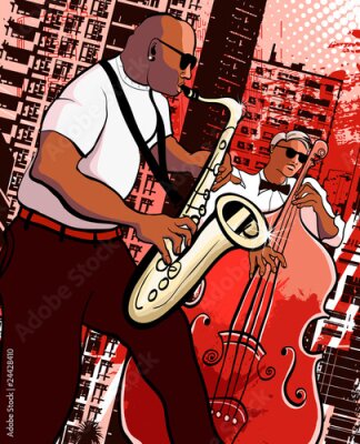 Fotobehang Vector illustratie van een saxofonist en bassist op grunge stad