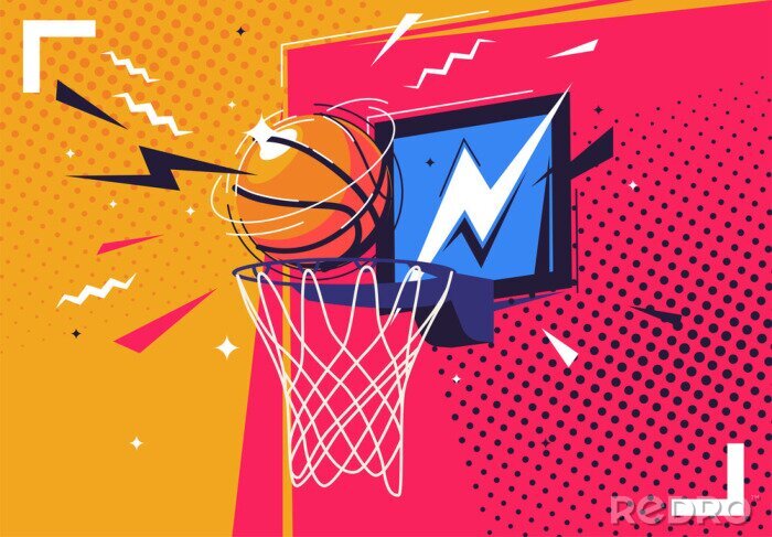 Fotobehang Vector illustration of a basketball flying into the ring, in the style of pop art