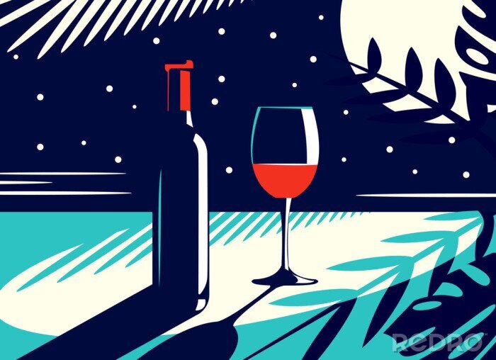 Fotobehang Vector illustration of a night view with a bottle and a glass of red wine in vintage style on the background of the moon and tropical leaves