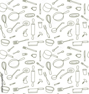 Fotobehang Vector keukengerei naadloze patroon, lijntekeningen. Line naadloze beeld van verschillende keukengerei en gebruiksvoorwerpen op een witte achtergrond.