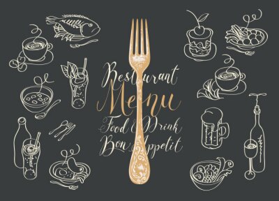Vector menu for a restaurant or cafe with a fork, sketches of various dishes and handwritten inscriptions. Drawing chalk on the blackboard. Contour drawings in retro style. Set of design elements