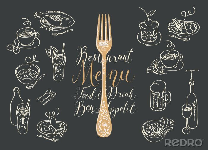 Fotobehang Vector menu for a restaurant or cafe with a fork, sketches of various dishes and handwritten inscriptions. Drawing chalk on the blackboard. Contour drawings in retro style. Set of design elements