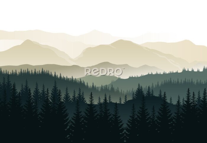 Fotobehang Vector mooi ochtendlandschap met nevelige groene bossen en bergen