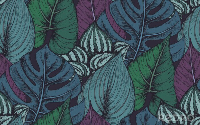 Fotobehang Vector naadloos patroon met composities van hand getekende tropische planten