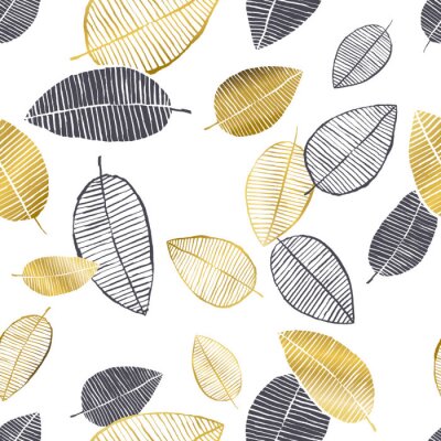 Vector naadloos patroon met hand getrokken gouden, zwarte, witte waterverf en inktbladeren. Trendy Scandinavisch ontwerp