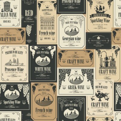 Vector naadloos patroon op het thema van wijn met verschillende wijnetiketten met afbeeldingen van druiven, landschappen, wijnmakerij, kastelen, zeilboten, fruit en andere in retro stijl