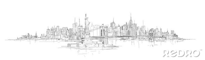 Fotobehang vector schets hand tekening panoramisch new york stadssilhouet