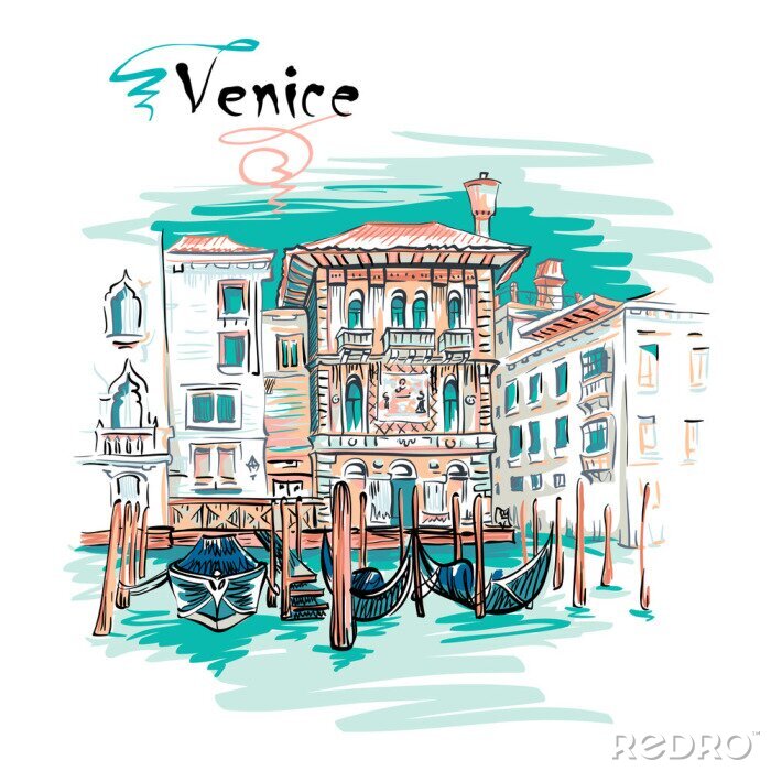 Fotobehang Vector schilderachtig uitzicht met Palazzo in Venetiaanse gotische stijl op het Canal Grande in de zomerdag, Venetië, Italië.
