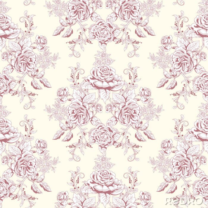 Fotobehang Vector seamless background. Hand drawing of a bouquet victorian garden roses. Vintage style