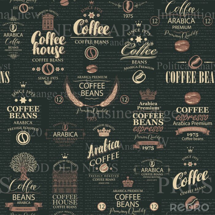 Fotobehang Vector seamless pattern in retro style on the theme of coffee house and coffee with various coffee labels on the black background of old magazine page. Suitable for wallpaper, fabric, wrapping paper