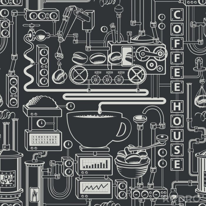 Fotobehang Vector seamless pattern on coffee theme with a cup of freshly brewed coffee, plant with conveyor coffee production in retro style and with words Coffee house.