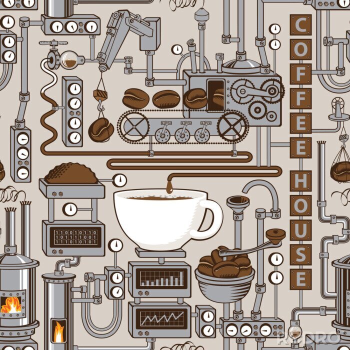 Fotobehang Vector seamless pattern on coffee theme with a cup of freshly brewed coffee, plant with conveyor coffee production in retro style and with words Coffee house.