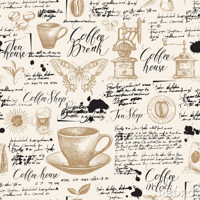 Fotobehang Vector seamless pattern on tea and coffee theme with sketches, blots and unreadable inscriptions in retro style. Suitable for Wallpaper, wrapping paper, background, fabric or textile