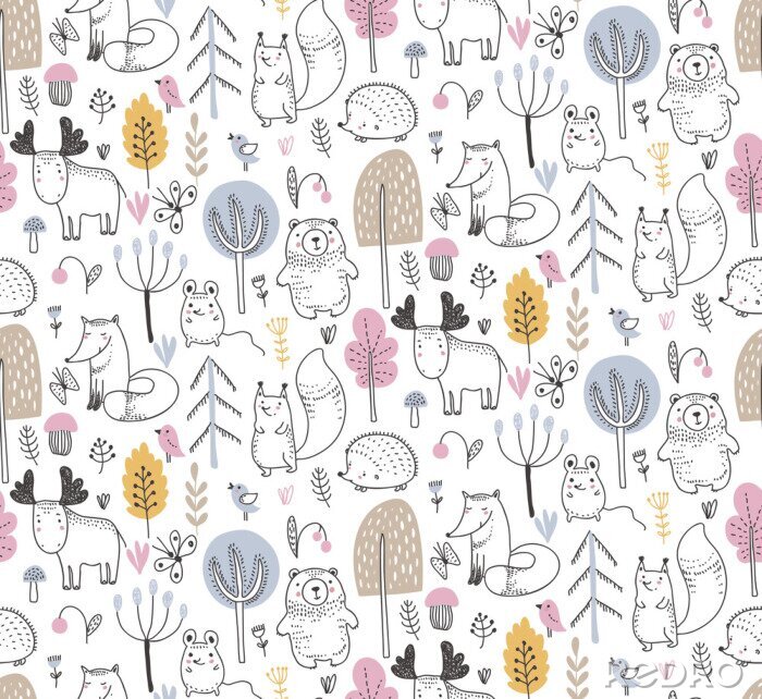 Fotobehang Vector seamless pattern with hand drawn wild forest animals,