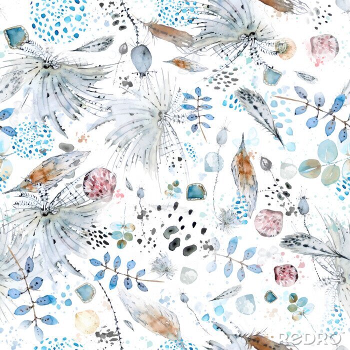 Fotobehang Vector seamless watercolor and ink abstract pattern of boho elements, feathers, shells, palm twigs, plants, spots and splashes.