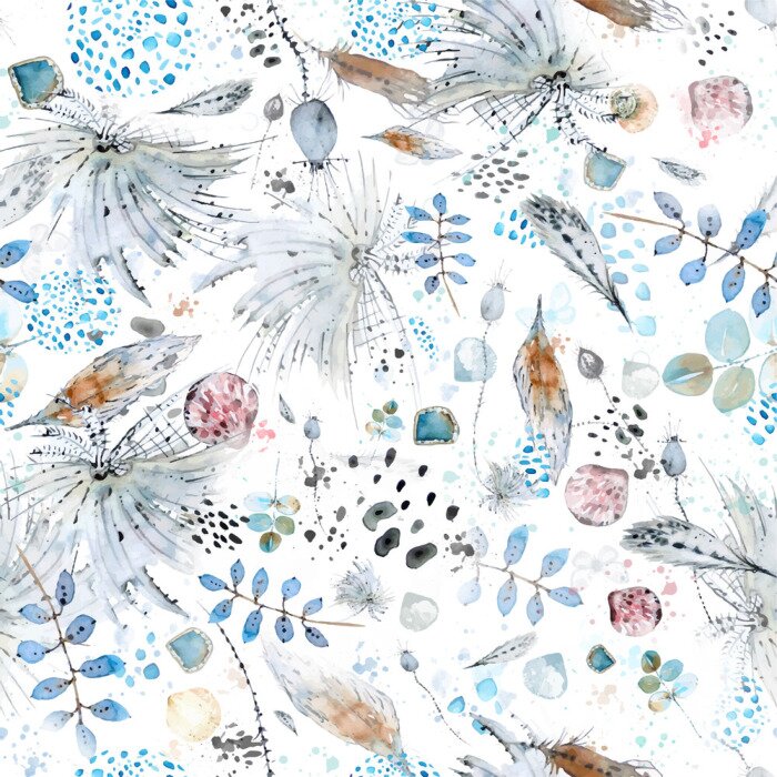 Fotobehang Vector seamless watercolor and ink abstract pattern of boho elements, feathers, shells, palm twigs, plants, spots and splashes.