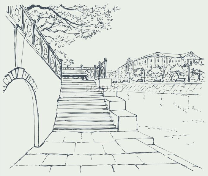 Fotobehang Vector stadsgezicht. Een oude stenen kade. Stappen om het steegje