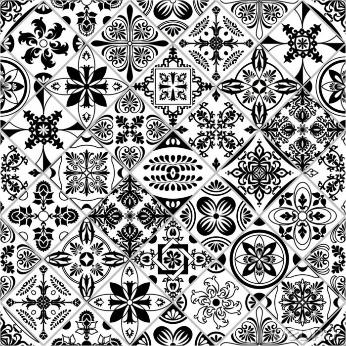 Fotobehang Vector tile pattern, Lisbon floral mosaic, Mediterranean black and white ornament