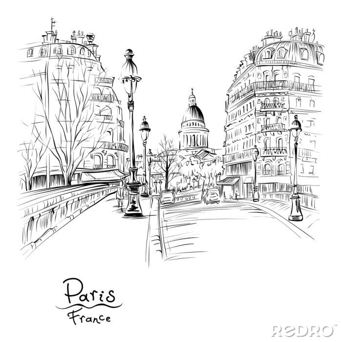 Fotobehang Vector zwart-witte handtekening. Brug over rivier Seine Pont Louis Philippe dichtbij Ile de La Cite in de de winterochtend, Pantheon op de achtergrond, Parijs, Frankrijk.