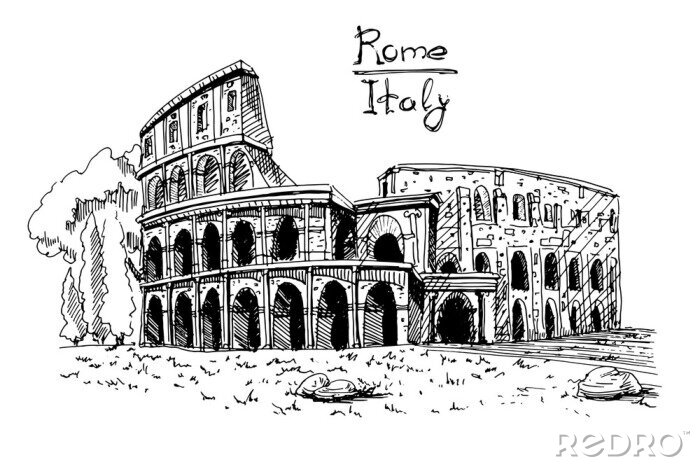 Fotobehang Vectorschets van het Colosseum of het Flavische amfitheater, Rome, Italië.