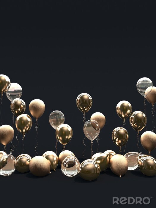Fotobehang Veel gouden ballonnen op een zwarte achtergrond. Matte, glanzende en transparante ballonnen. 3D render.