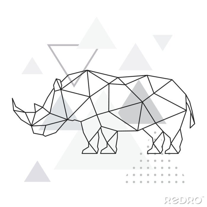 Fotobehang Veelhoekige neushoorn op abstracte achtergrond met driehoeken. Geometrische stijlaffiche. Wilde dieren vectorillustratie.