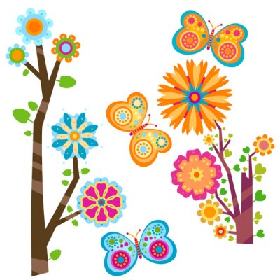 Veelkleurige afbeeldingen van bloemen, vlinders en bomen
