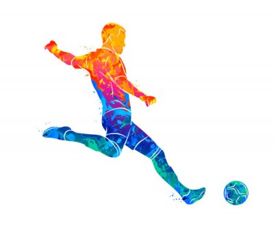 Veelkleurige illustratie van een voetballer die een bal schopt