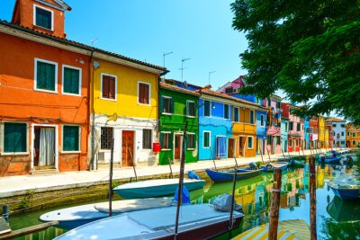 Fotobehang Venice landmark, Burano island canal, colorful houses and boats,