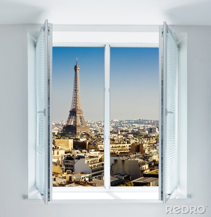Fotobehang Venster met Eiffel toren en de daken uitzicht