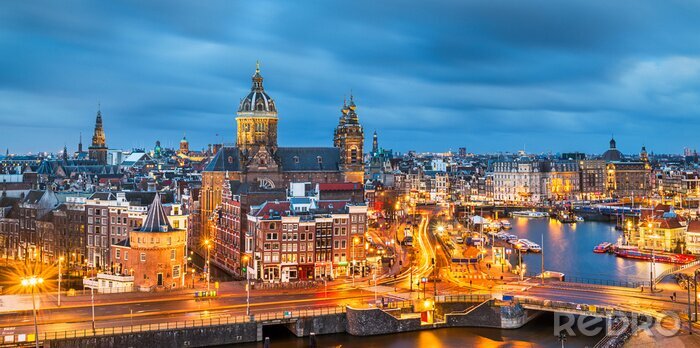 Fotobehang Verlichte stad Amsterdam