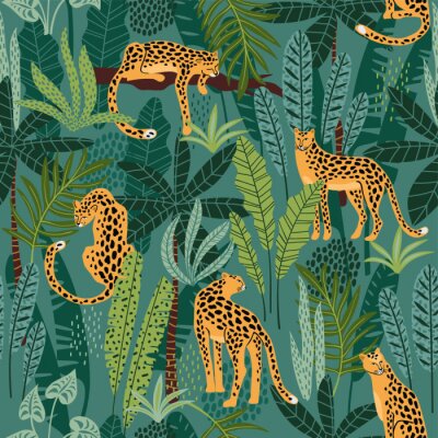 Vestor naadloos patroon met luipaarden en tropische bladeren.