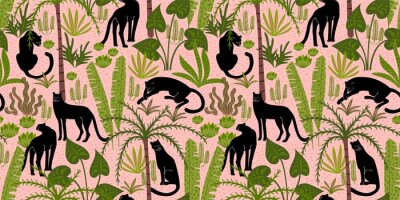 Behang Vestor seamless pattern with panthers and tropical leaves.