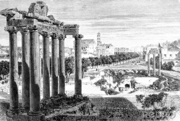 Fotobehang Victoriaanse gravure van een uitzicht op het Forum Romanum, Rome