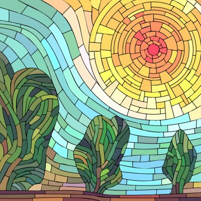 Sticker Vierkant mozaïek abstracte rode zon met bomen.