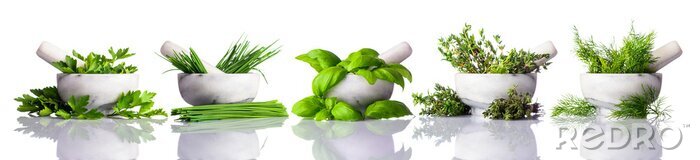 Fotobehang Vijzel en stamper met groene kruiden